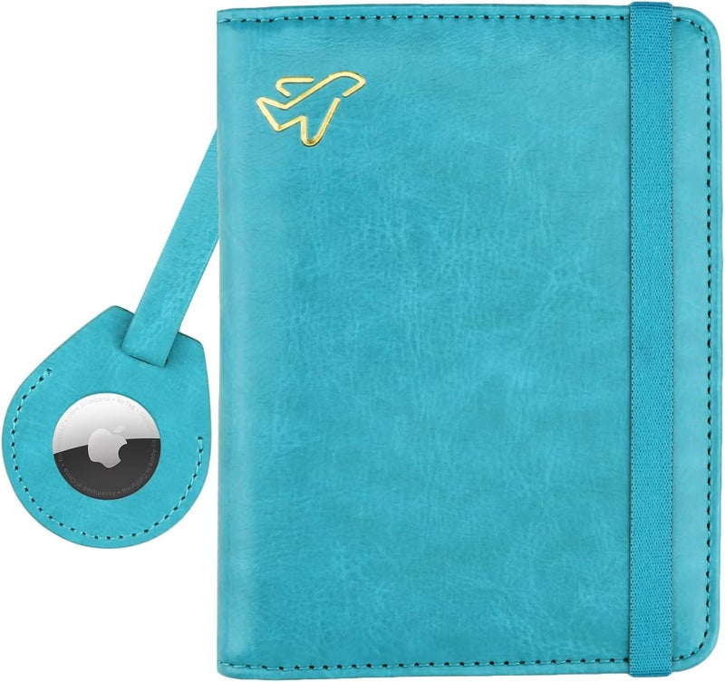 WALNEW AirTag Passport Holder, PU Leather Airtag Wallet RFID Blocking Passport Cover Travel Essentials Case for Women Men (Light Blue) - Image 1